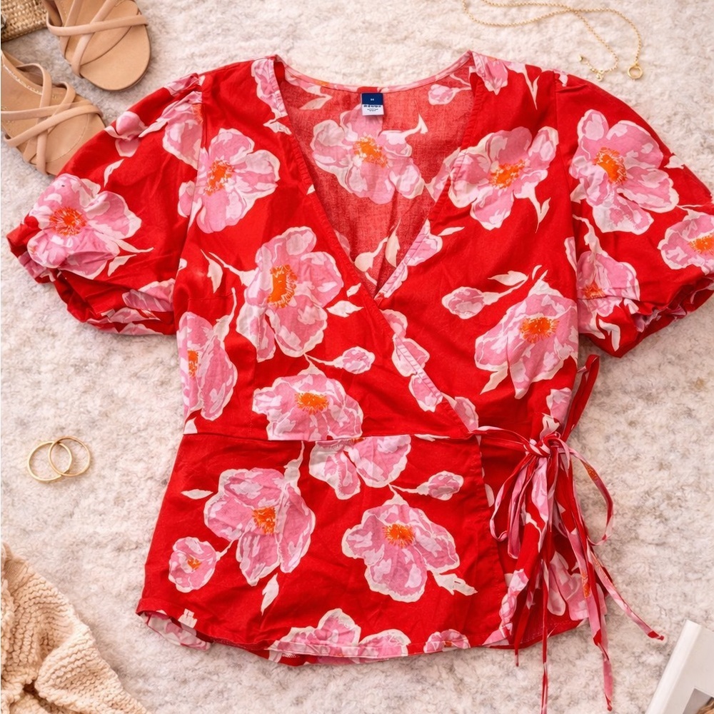 Old Navy Red Pink Floral Wrap Blouse Medium
